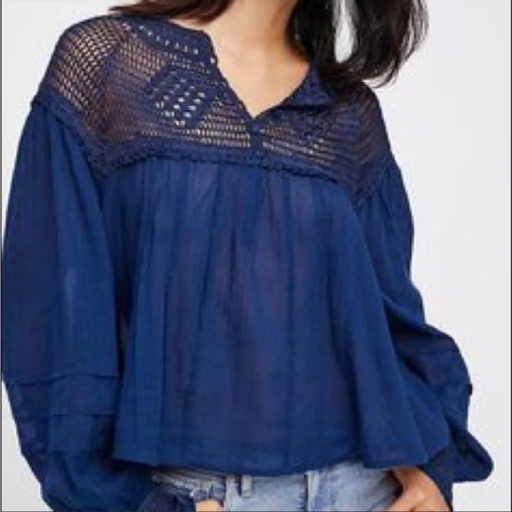 Free People Early Frost navy blue crocheted long sleeve blouse top Size S